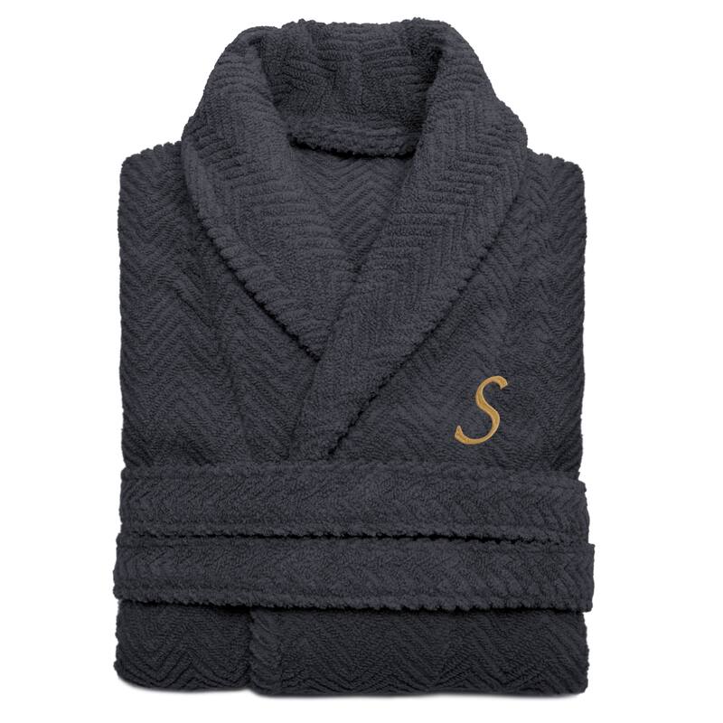 Authentic Hotel and Spa Charcoal Grey with Gold Monogrammed Herringbone Weave Turkish Cotton Unisex Bath Robe - S/M - S