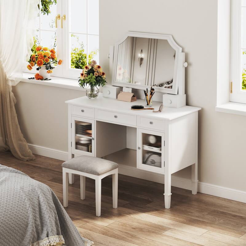 Makeup Vanity Desk with Large Adjustable Mirror, Dressing Table Set with Drawer & Cabinet, Space-Saving Beauty Station - White