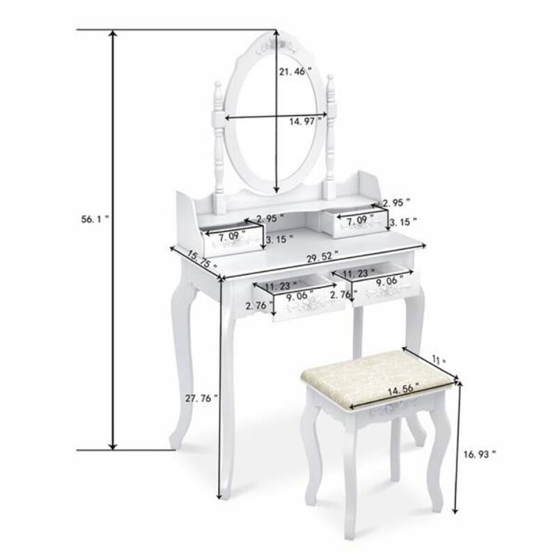 Modern Concise 4-Drawer 360-Degree Rotation Removable Mirror Dresser, White - 29.52 x 15.75 x 56.1