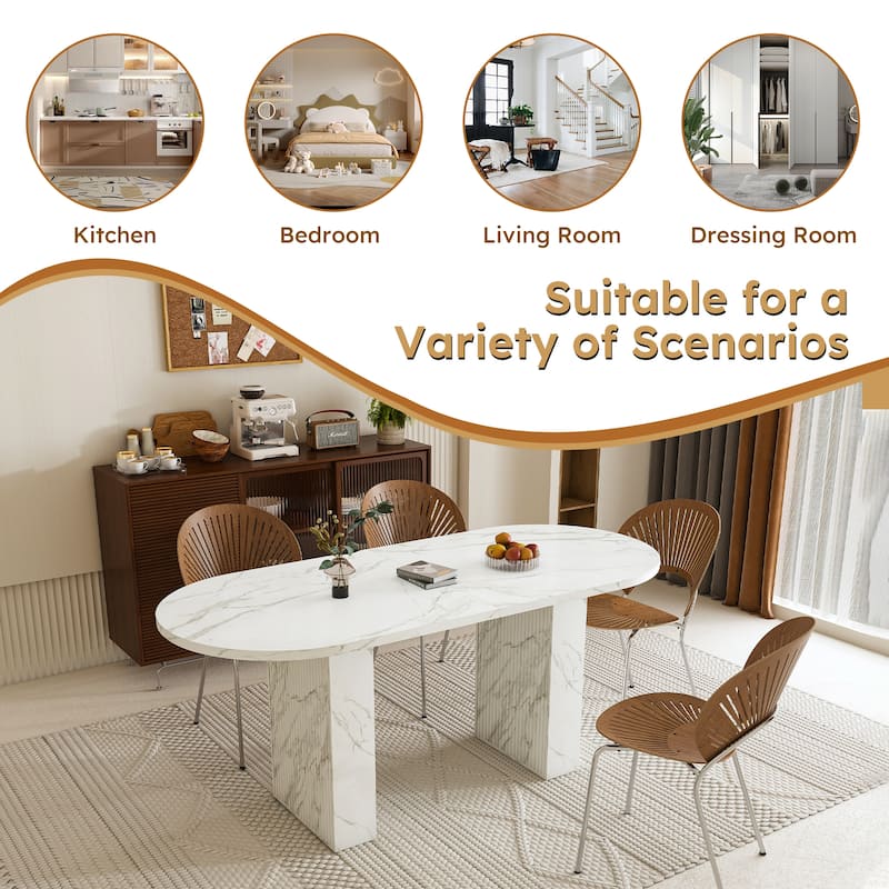 62.9 Inch Oval Dining Table for 6, Marble Top Kitchen Table with Wood Strip Base, Modern Farmhouse Dining Room Table