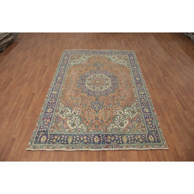 Hand Knotted Oriental 100% Wool Carpet Traditional Floral Oranges & Rust Tabriz Area Rug - 9' 9'' X 6' 7''