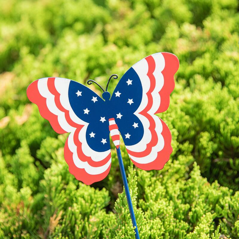 Glitzhome 24"H Set of 3 Patriotic Americana Metal Butterflies Yard Stakes - 24 in