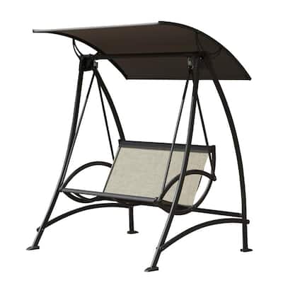 2-Seat Patio Swing Chair, Outdoor Porch Swing with Adjustable Canopy and Durable Steel Frame for Garden, Backyard