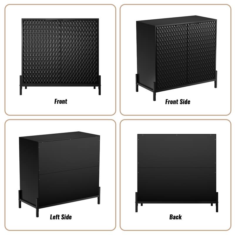 Modern Black High Gloss 2-Door Cabinet -Buffet Sideboard with Powder Coated Metal Feet