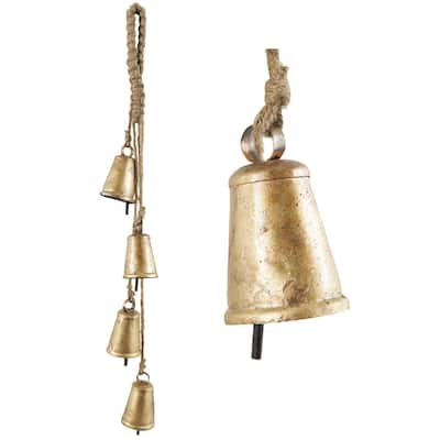 Metal Tibetan Inspired Indoor Outdoor Decorative Cow Bells with 4 Bells on Jute Hanging Rope - Gold - Roche River Decor