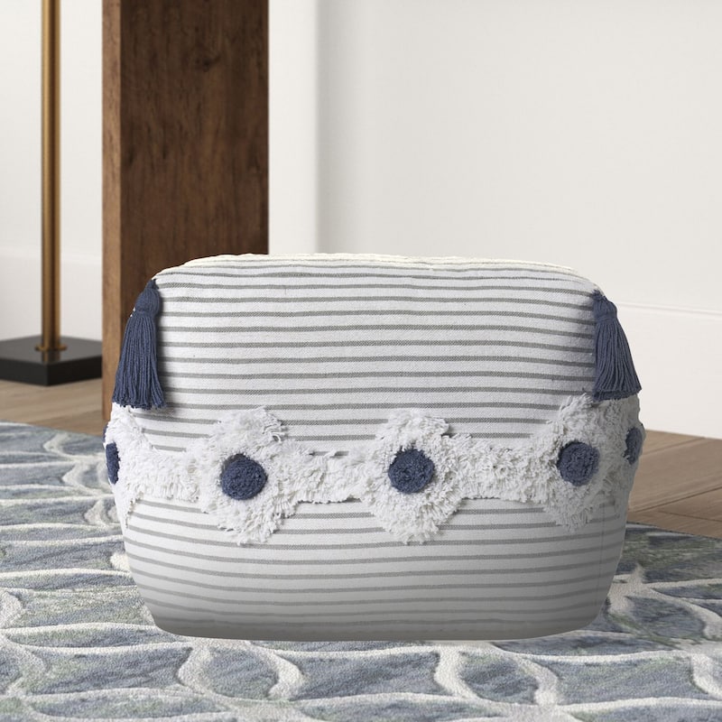 18" White and Gray Striped Square Pouf Ottoman