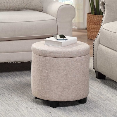 Upholstered Round Accent Storage Ottoman with Reversible Tray Lid for Dual Function as Coffee Table or Footrest