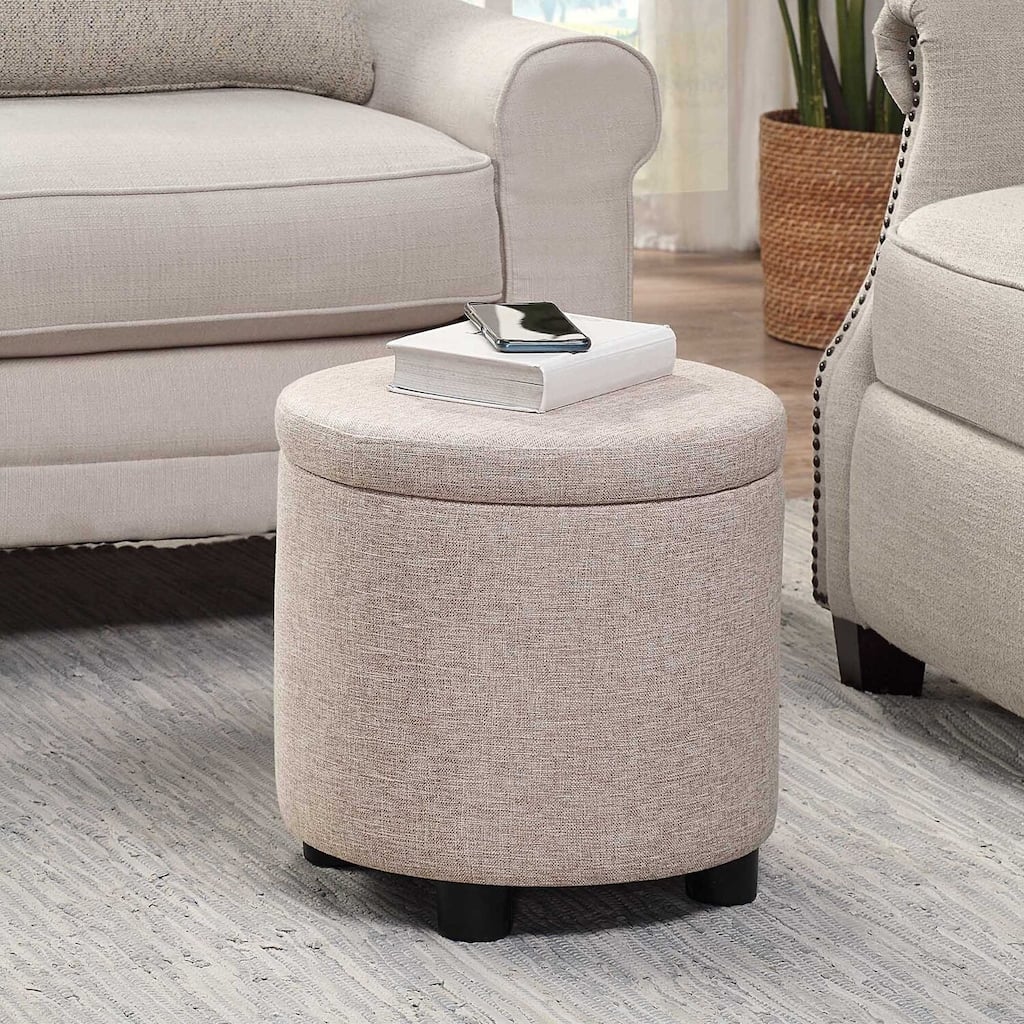 Upholstered Round Accent Storage Ottoman with Reversible Tray Lid for Dual Function as Coffee Table or Footrest