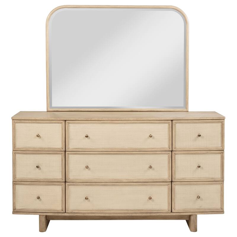 Lno Wide Dresser with Mirror, 9 Drawers, Beige Oak Wood Frame