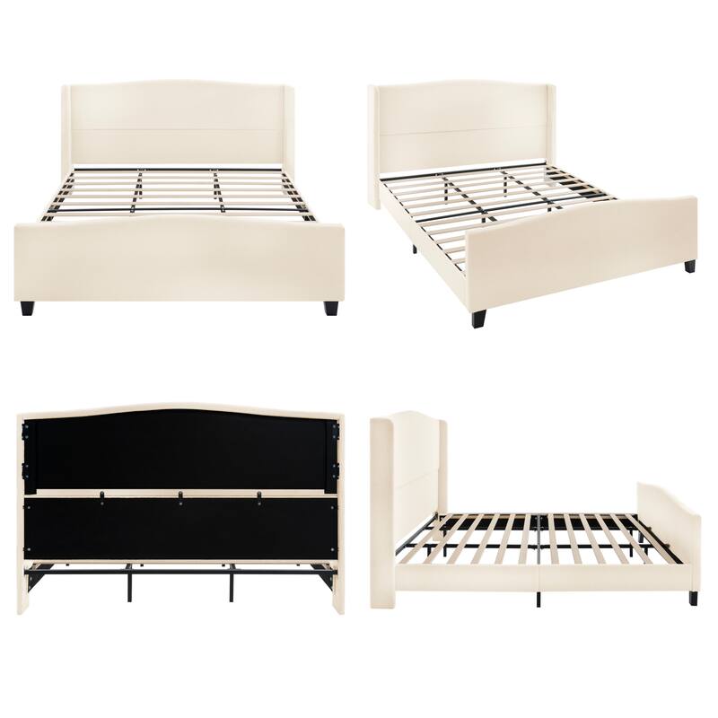 King Size Upholstered Bed Frame with High Back Headboard, Teddy Velvet, Solid Wood Legs, No Box Spring Needed