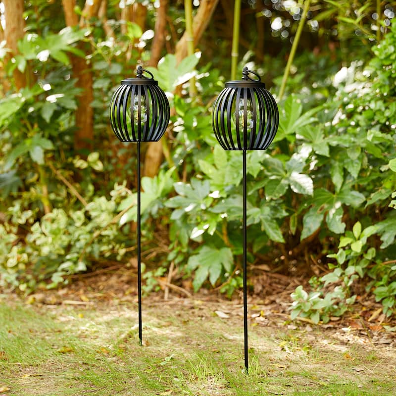 Glitzhome Metal Stripes Waterproof Solar Powered Outdoor Lantern with Garden Stake