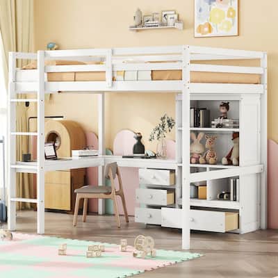 Full Wood Loft Bed with Desk, Storage & Guardrails