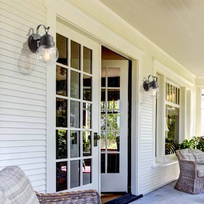 Set of 2 Bern Black Seeded Glass Outdoor Wall Sconces Patio Light - L 6"x W 7"x H 11"