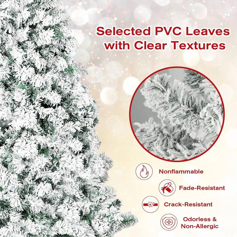 6ft-7ft Artificial Snow Flocked Christmas Tree with Metal Stable Stand Base for Indoor and Outdoor Holiday Decoration
