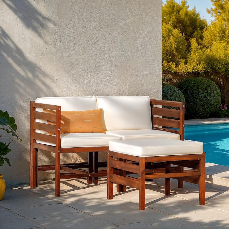 Middlebrook Designs Acacia 3-Piece Chairs with Ottoman - Dark Brown with Cream Cushions