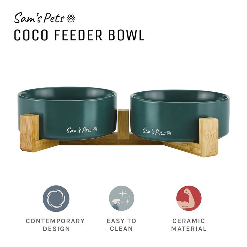 Coco Dual Pet Bowl with Wood Stand 5.11'' in Green - 10.8