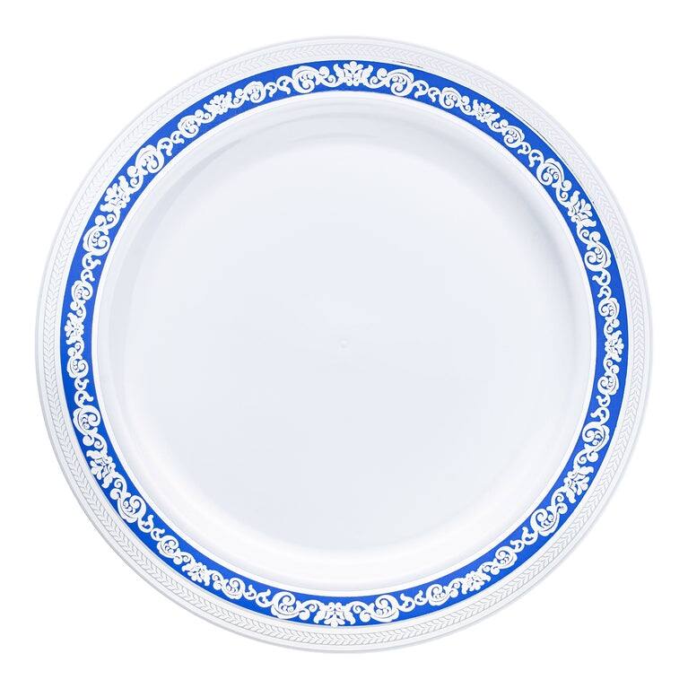 Shiny Royal Rim Disposable Plastic Plate Packs - Party Supplies - 120pcs - Dinner Plates - White with Blue and Silver Rim