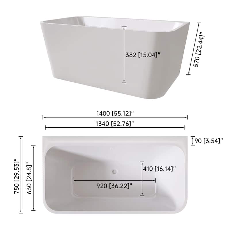 55 in. Freestanding Acrylic Soaking Bathtub, Modern Rectangle Design with Included Drainer