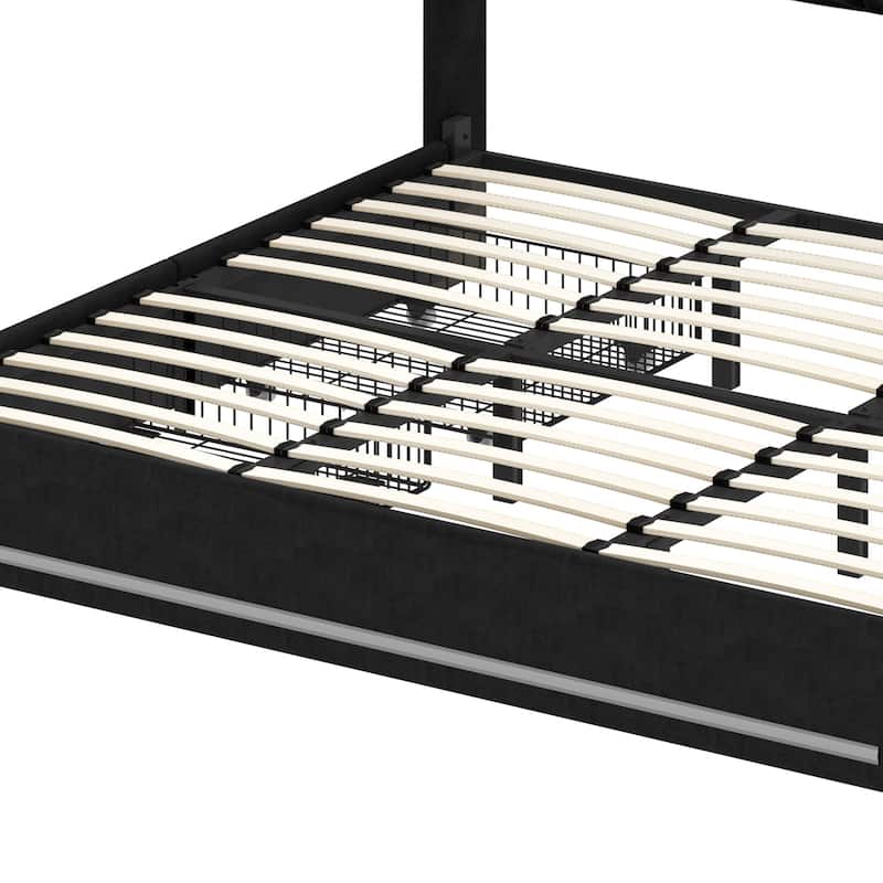 Moasis King Size Velvet Platform Bed with 4 Drawers RGB Lights and Charging Station No Box Spring Needed