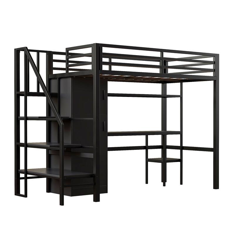 Metal Twin Loft Bed With Desk, Shelf, Wardrobe and Storage Staircase