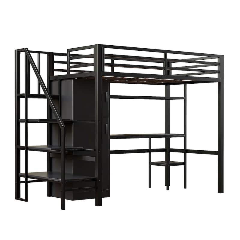 Twin Size Loft Bed with Storage Ladder, Metal Loft Bed Frame with Large Wardrobe & Desk for Teens Kids, No Box Spring Needed
