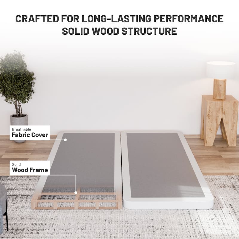 Box Spring Bed Base, 2" Wood Foundation, Quiet Noise Free, 2-Pieces Under Mattress-Support Box Spring, Fully Assembled, White