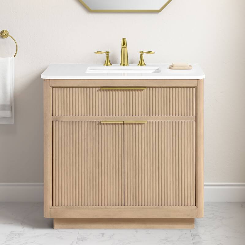 OVE Xander Bathroom Vanity with White Engineered Stone Top - 36" - Sahara Birch