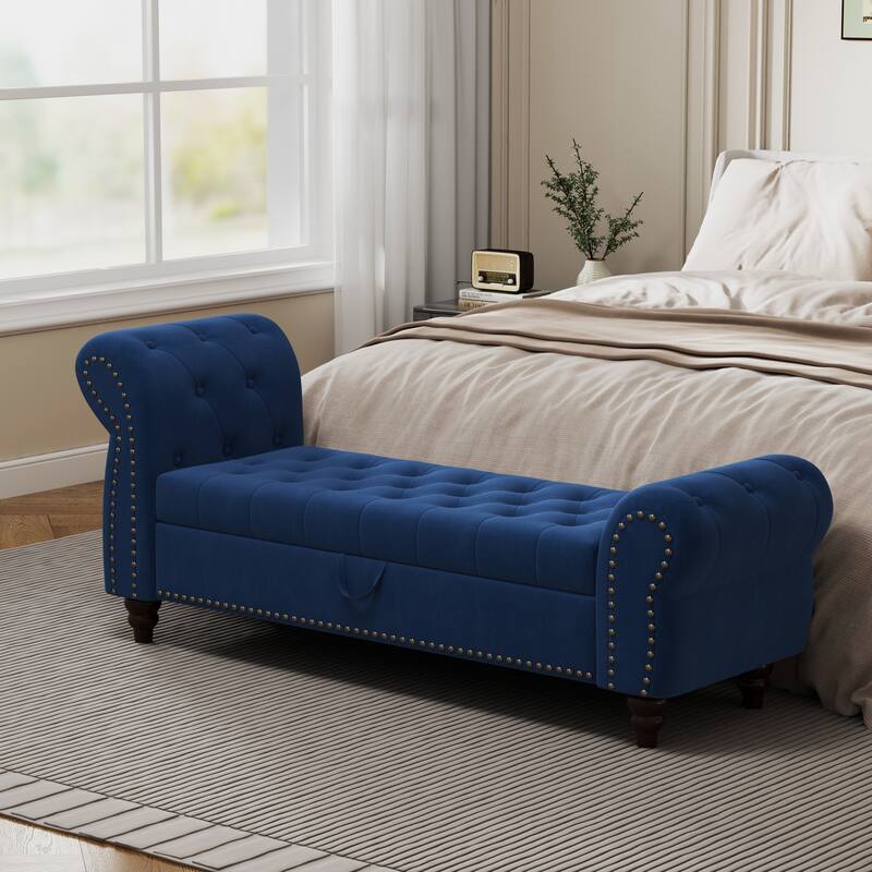 64.5" Bed Bench for Bed Room Nails Tufted Chaise of Lounge with Storage - Blue