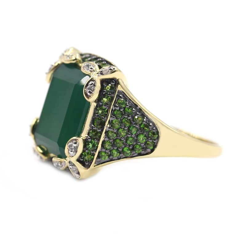 18K Yellow Gold Over Sterling Silver Green Onyx, Chrome Diopside Ring
