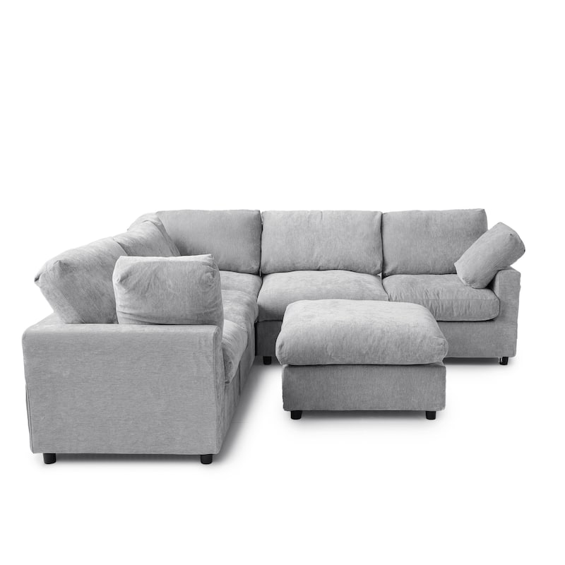 Living Room Corner Sofa Minimalist Upholstered Cushion Sofa Chenille Modular Sectional Couch with Ottoman
