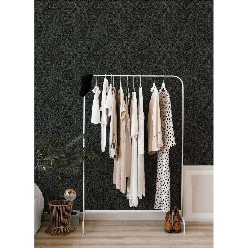 A-Street Prints Maris Charcoal Flock Damask Wallpaper