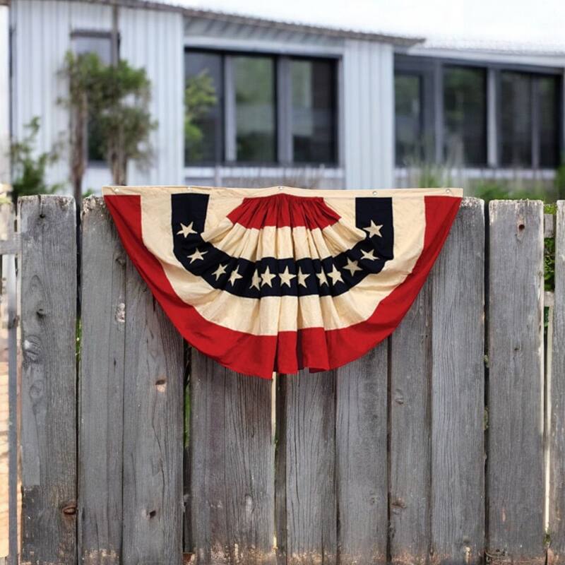 Cotton Vintage-Inspired Flag Bunting with Star Appliques and Rustic Patriotic Decor Accent - 36" H x 70" W