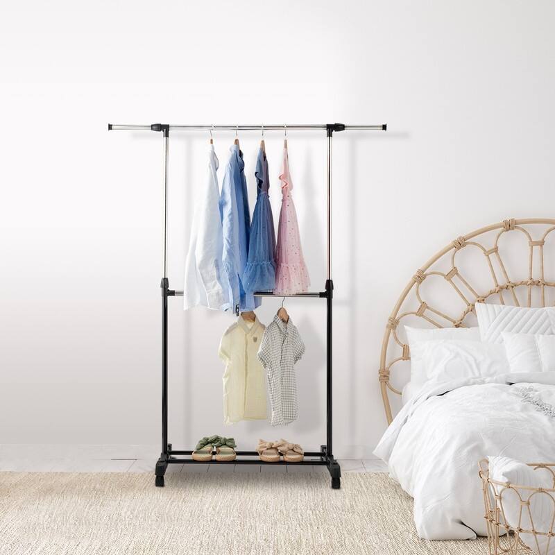 Single/Dual-bar Vertical & Horizontal Stretching Stand Clothes Rack with Shoe Shelf