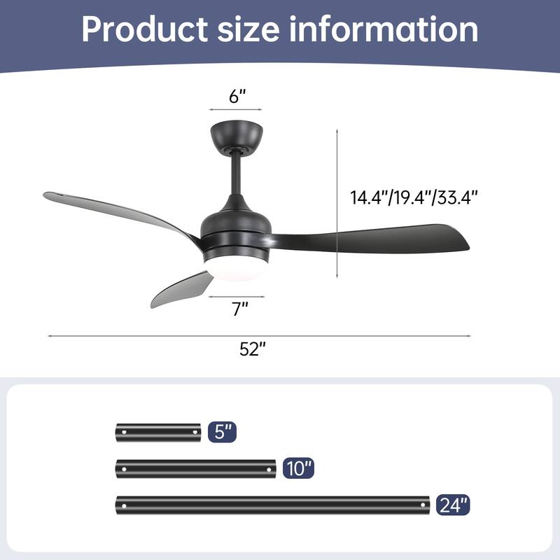 52-Inch Ceiling Fan With 3 ABS blades,Remote Control,Reversible DC Motor,Noiseless,3 Downrods Available,LED Dimmable