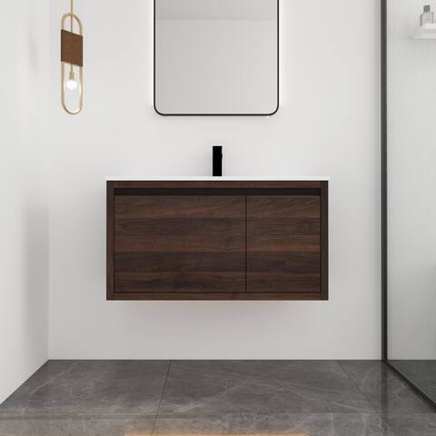 36 in. Plywood Wall Mounted Bathroom Vanity Set in California Walnut with Integrated Ceramic Sink