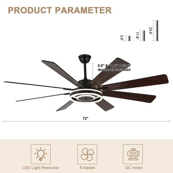 dimension image slide 2 of 6, Bella Depot 72" Modern Large Ceiling Fan 6-speed Reversible with Dimmable Light and Remote for Family Room