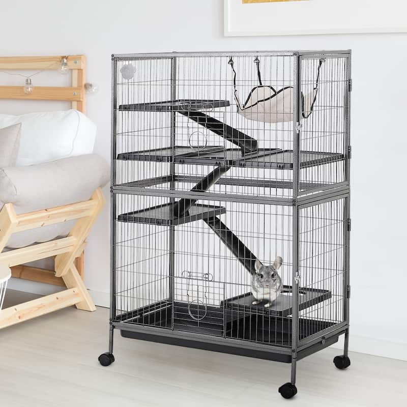 PawHut 4 Tier Steel Plastic Small Animal Pet Cage Kit for Little Rabbit Guinea Pig with Wheels Brakes hammock Removable Tray