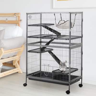 PawHut 4 Tier Steel Plastic Small Animal Pet Cage Kit for Little Rabbit Guinea Pig with Wheels Brakes hammock Removable Tray