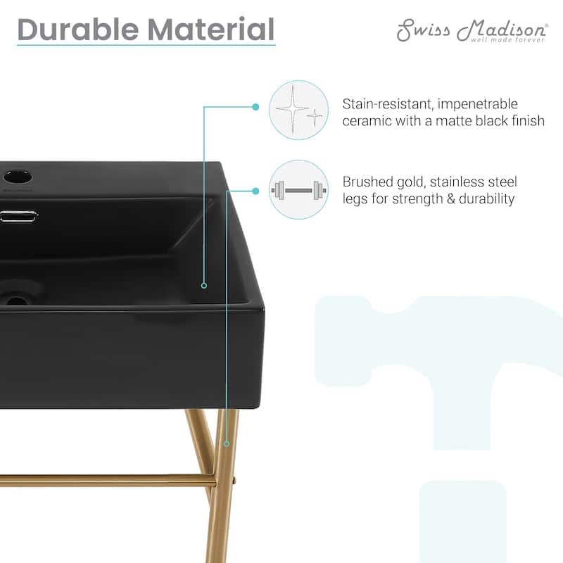 Reims 24 Ceramic Console Sink Matte Black Basin Brushed Gold Legs - 16.55" x 35.45" 24"