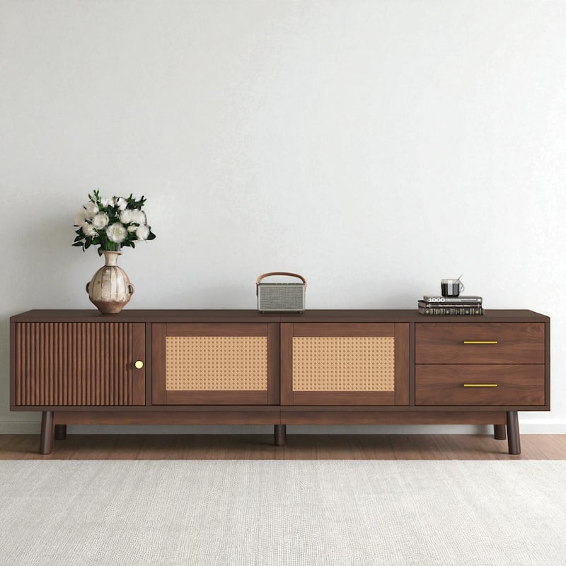 Mid Century Modern 70" TV Stand with Sliding Rattan Doors and Drawers, Entertainment Console for 80 Inch TVs