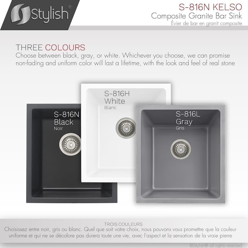 STYLISH 15.5 inches L x 17.5 inches W Dual Mount Single Bowl Composite Granite Kitchen Sink with Strainer - 15.5" x 17.5" x 8.5"