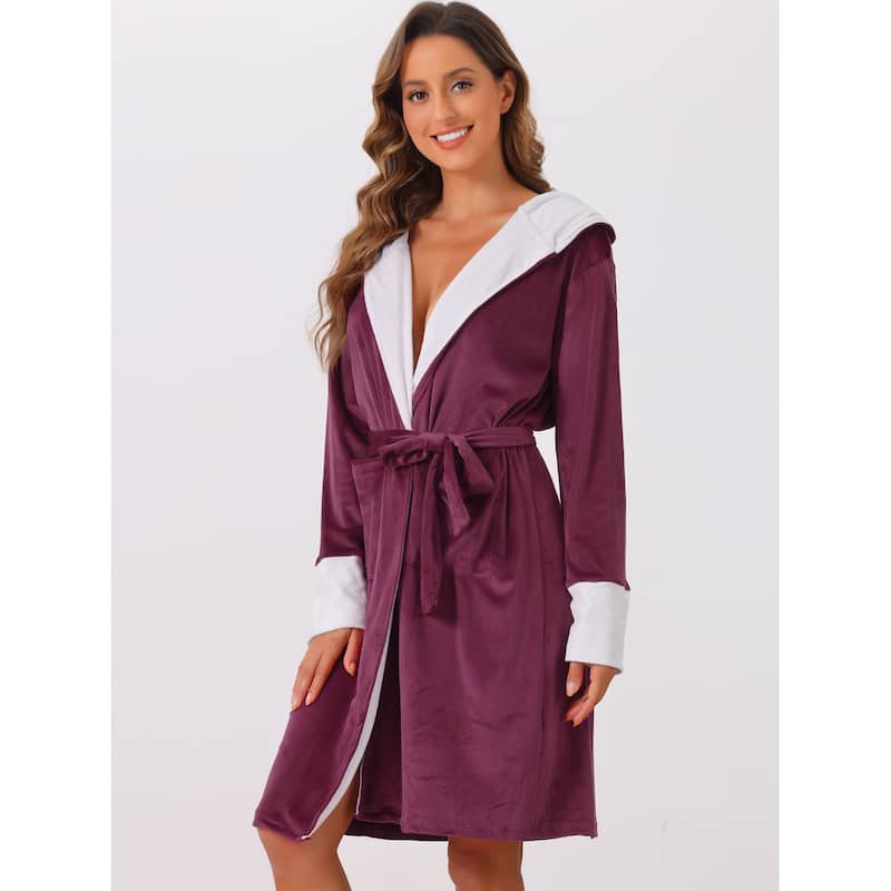 Womens Fluffy Hooded Bathrobe Plush Long Spa Robe - Claret - L