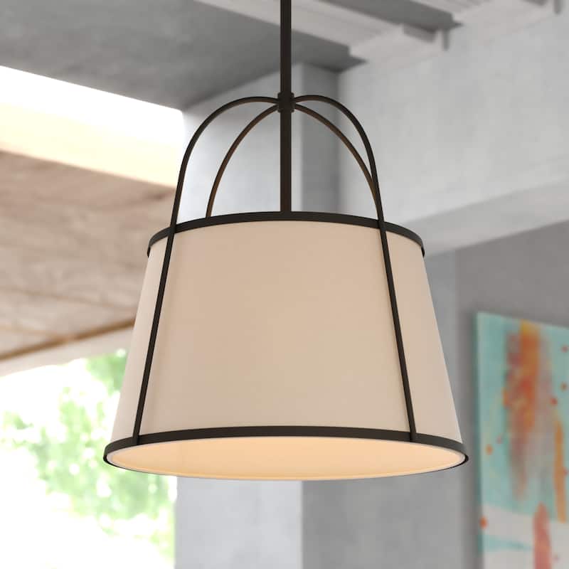 Marion 1-Light Mid-Century Modern Cone Pendant with White Fabric Shade, Adj Ht Ceiling Chandelier Dining Room Fixture - Matte Black - 15-in W x 26.5-in H x 15-in D