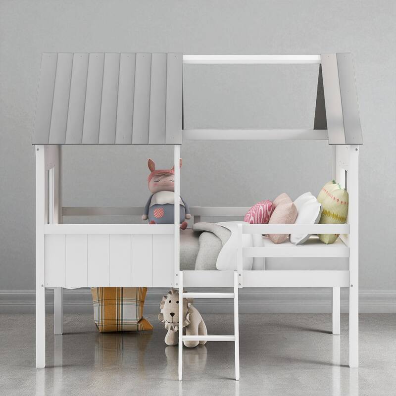 Twin Size House Bed with Roof and Side Windows, Low Loft Wooden Frame for Kids, No Box Spring Needed