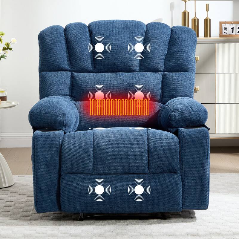 Massage Recliner Chair, Breathable Fabric Ergonomic Single Sofa Chair with Heat and Vibration and Cup Holders & Side Pockets - Blue