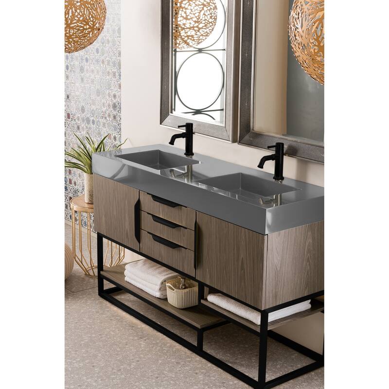 James Martin Vanities Columbia 59" Double Vanity, Ash Gray with Matte Black Hardware