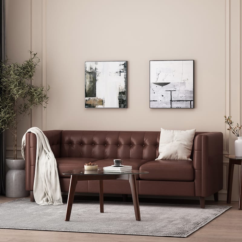 3-Seat Sofa with Tufted Back, Smooth Upholstery, Birch Legs