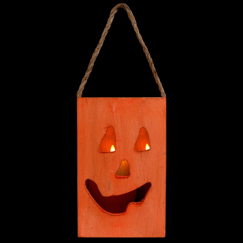 Large Orange Wood Jack O Lantern Halloween Candle Lantern - 8"