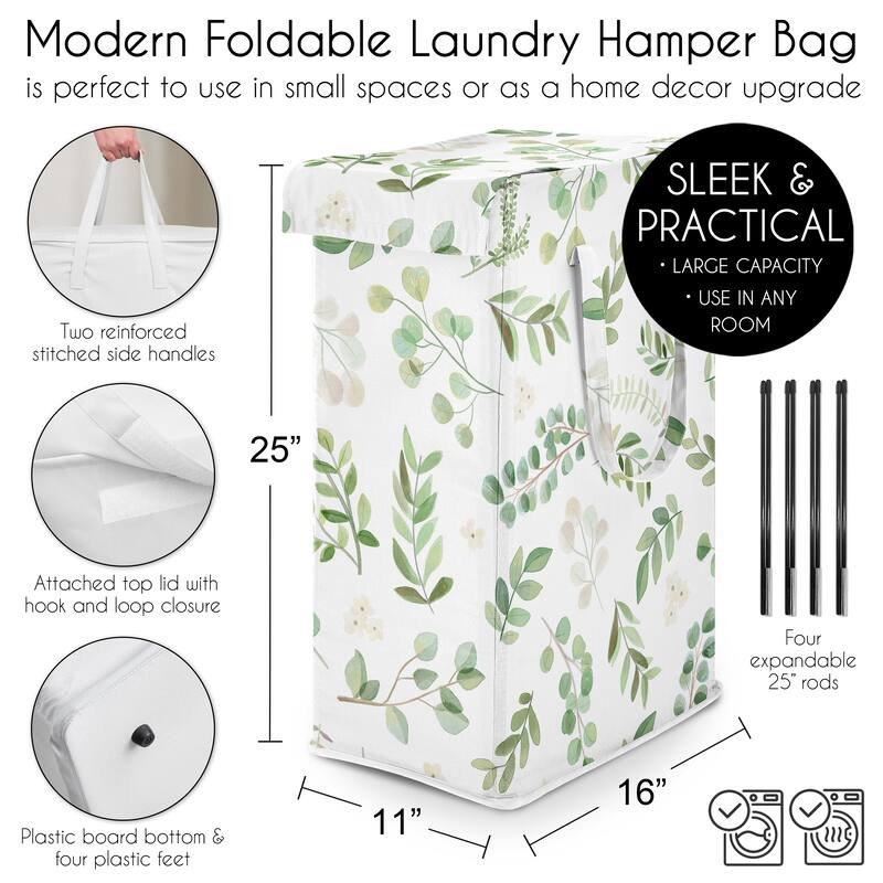 Sweet Jojo Designs Green Boho Floral Leaf Boy Girl Gender Neutral Foldable Laundry Hamper with Handles White Bohemian Watercolor