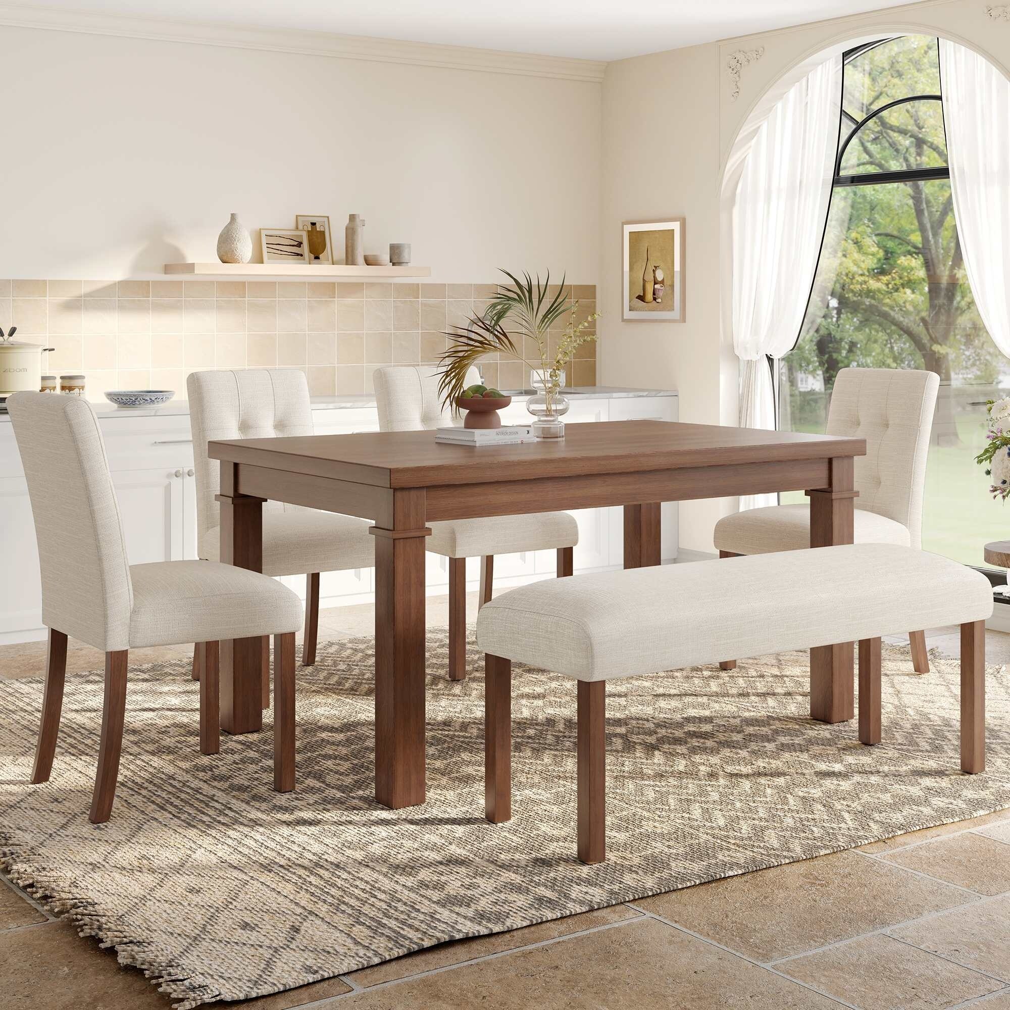 6-Piece Modern Dining Set with Upholstered Chairs and Bench
